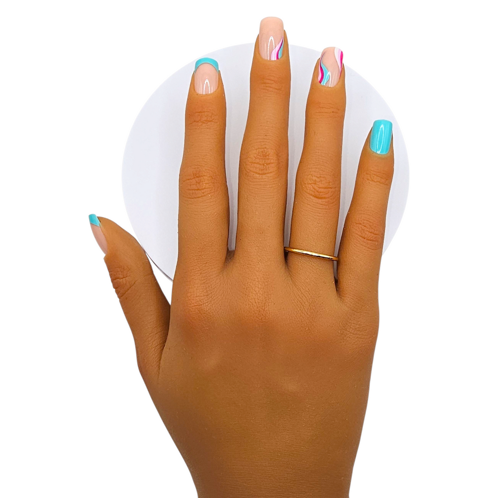Bora Bora Waves press-on nails front view — turquoise and pink swirl square nails.