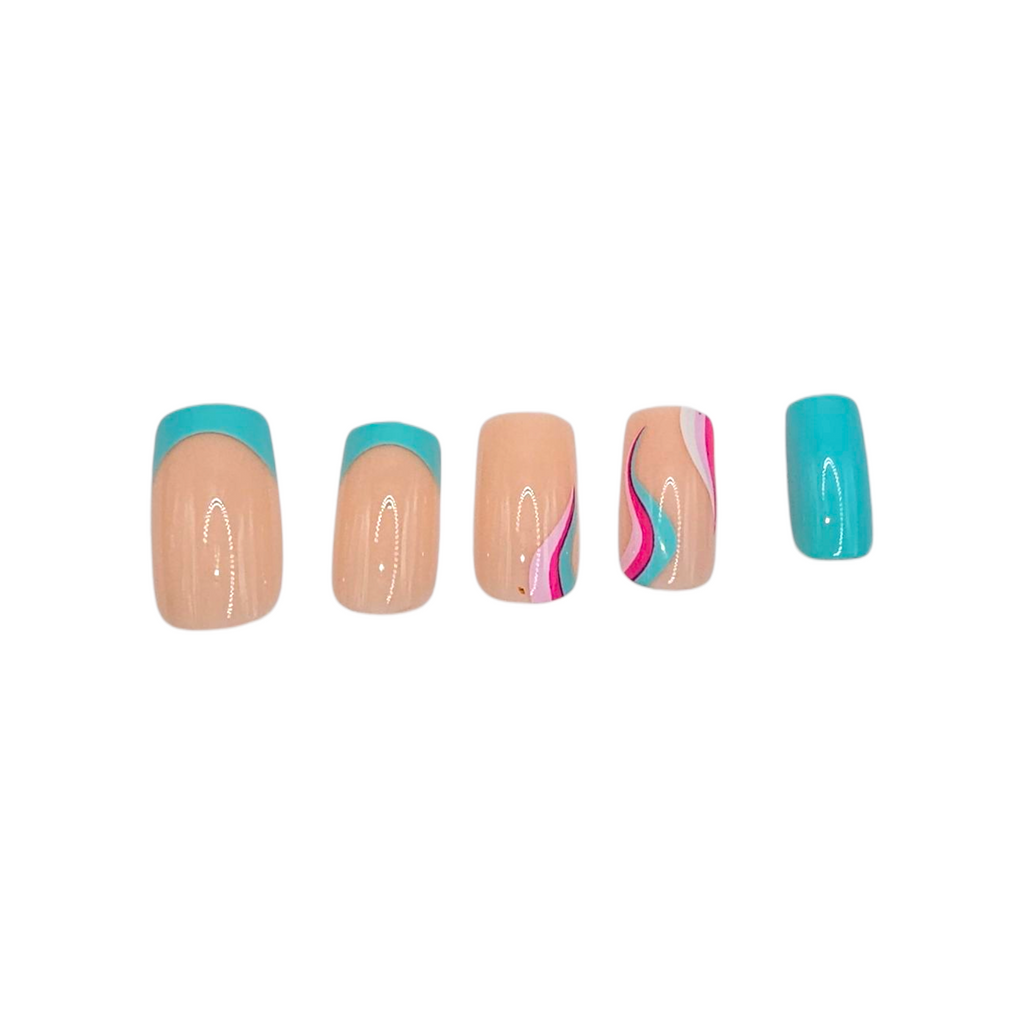 Side view of Bora Bora Waves press-on nails — luxury turquoise square nails with swirl accent.