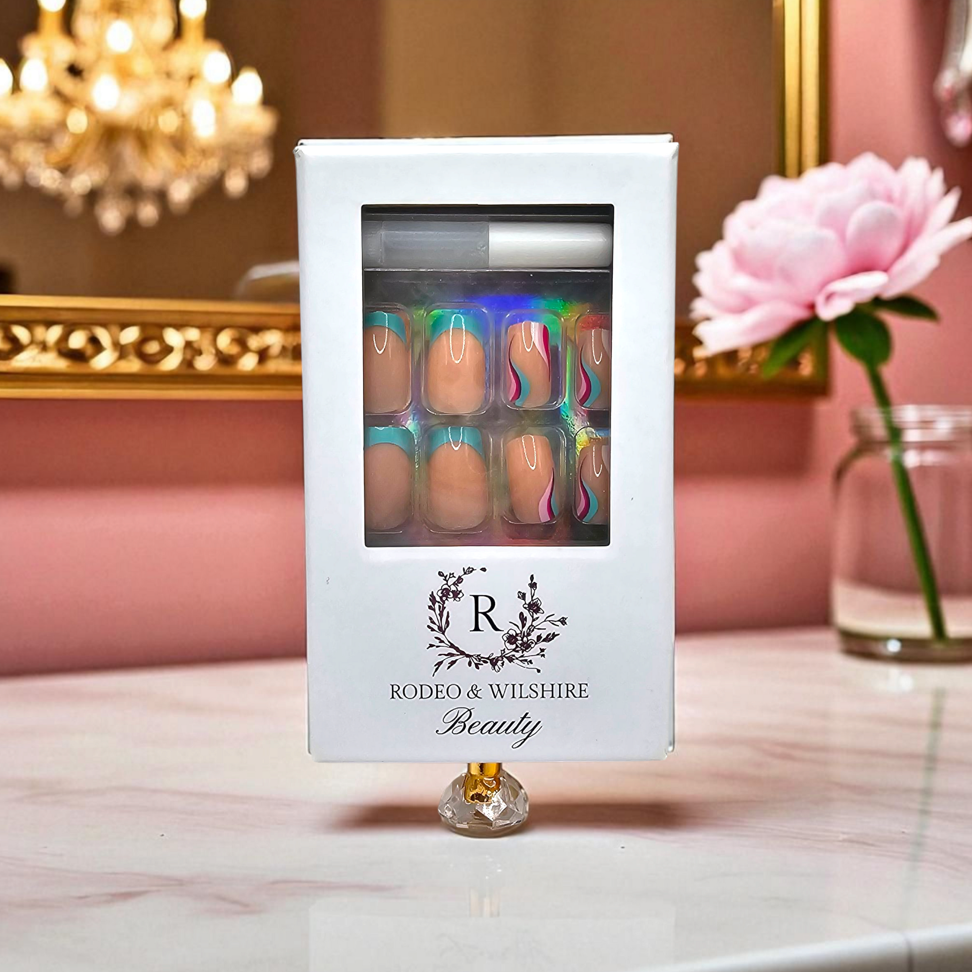 Bora Bora Waves press-on nails styled — vacation-ready bright nails for beach getaways.