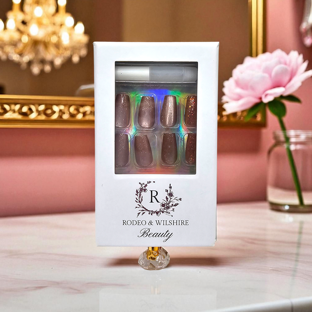 Reusable Caviar Nights bronze glitter press-on nails – luxury date night design – Rodeo & Wilshire Beauty