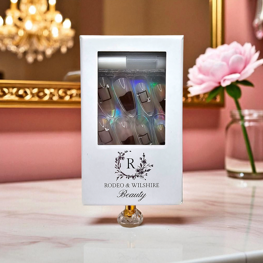 Reusable Espresso Deco geometric brown press-on nails – Art Deco-inspired design – Rodeo & Wilshire Beauty