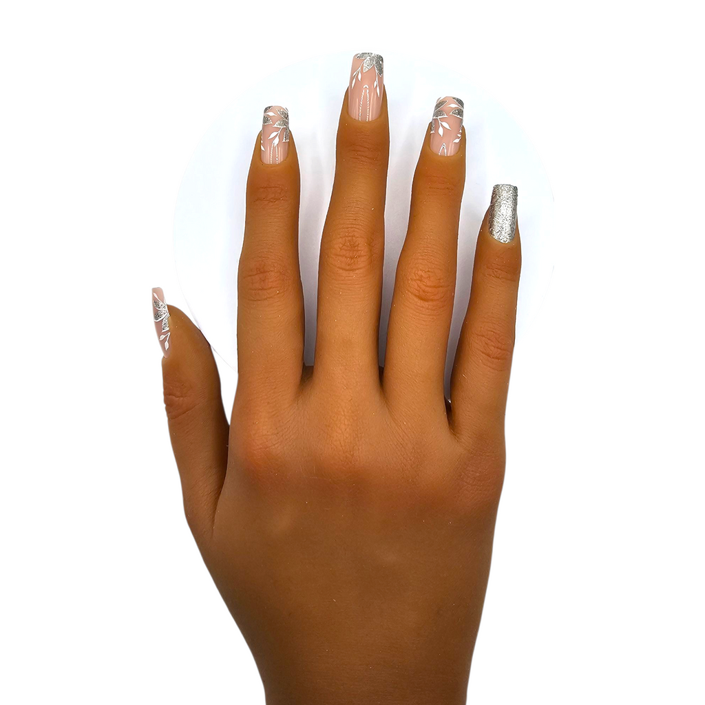 Garden Party floral silver glitter press-on nails – Soft Girl Era – Rodeo & Wilshire Beauty