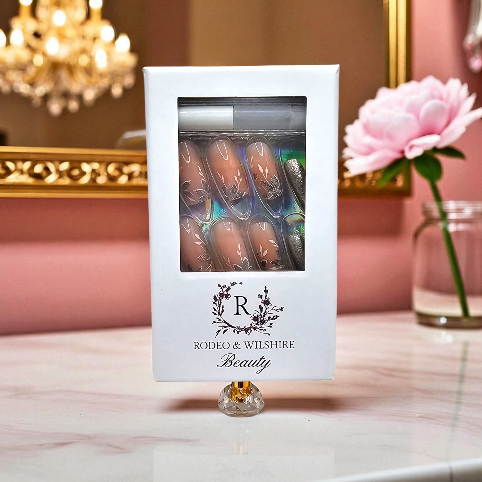 Reusable Garden Party floral silver glitter press-on nails – garden brunch vibe – Rodeo & Wilshire Beauty