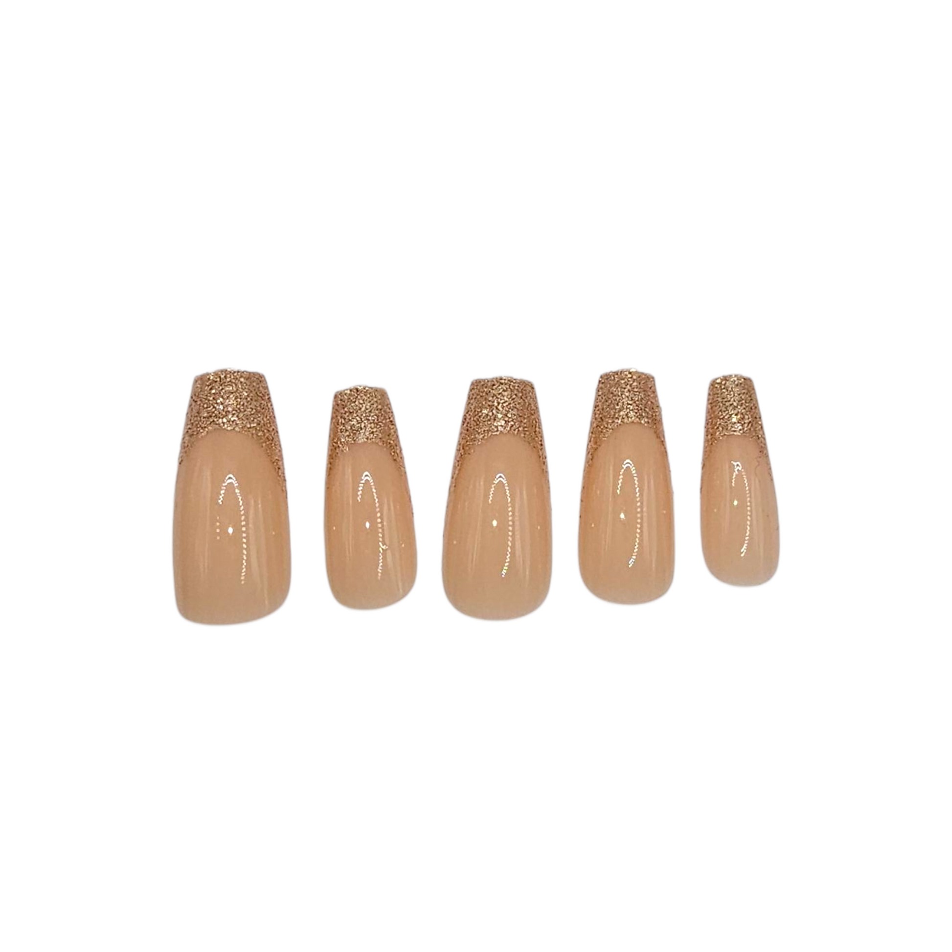 Close-up of Honey Dip press-ons – nude base with soft gold glitter tips – Rodeo & Wilshire Beauty