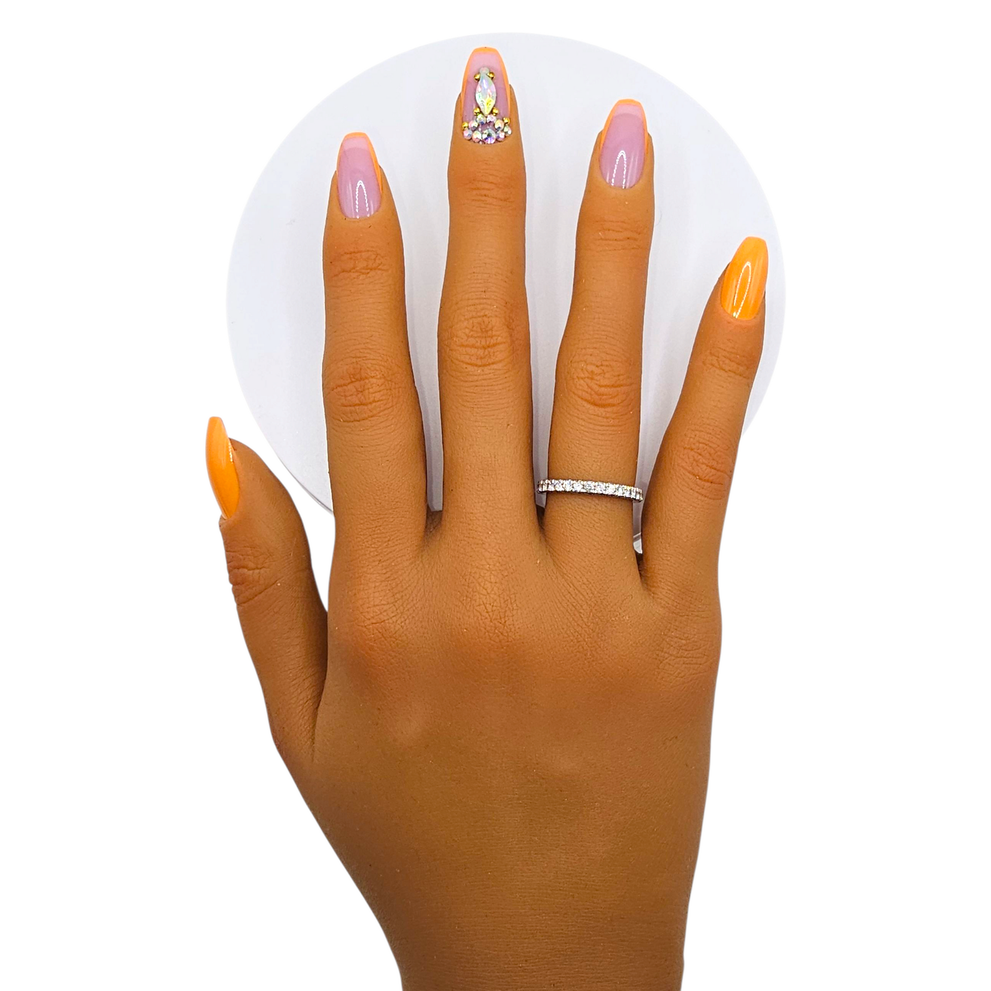 Ibiza Heat neon orange & pink short coffin press-on nails – crystal accent.