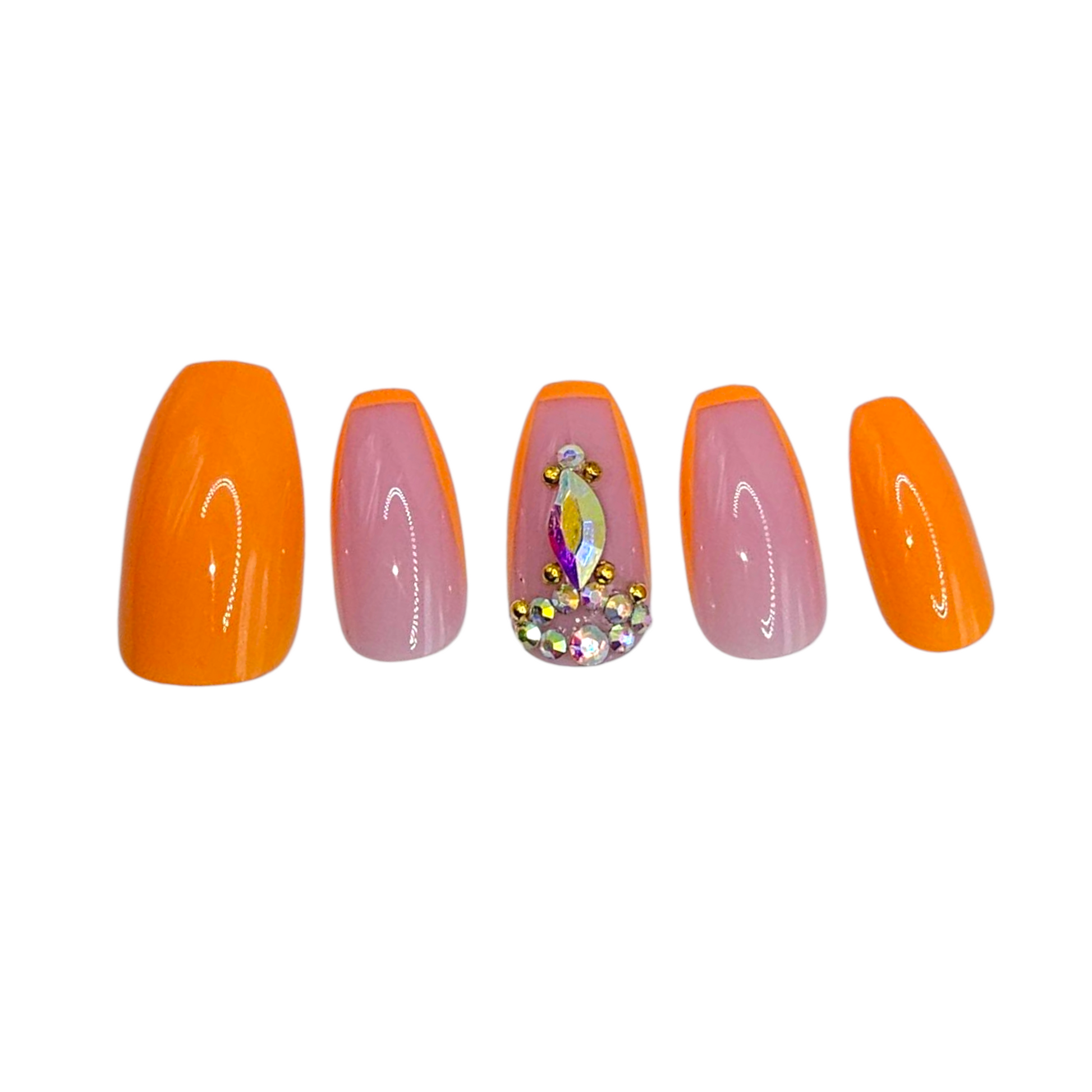Side view of Ibiza Heat press-on nails — short coffin, vivid neon, crystal detail.