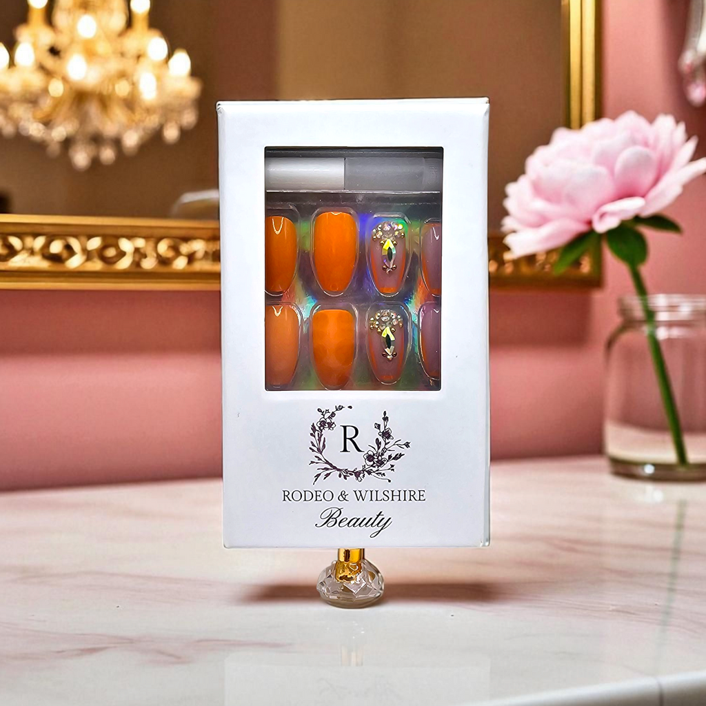 Ibiza Heat press-on nails styled — luxury nail styling for rooftop party.