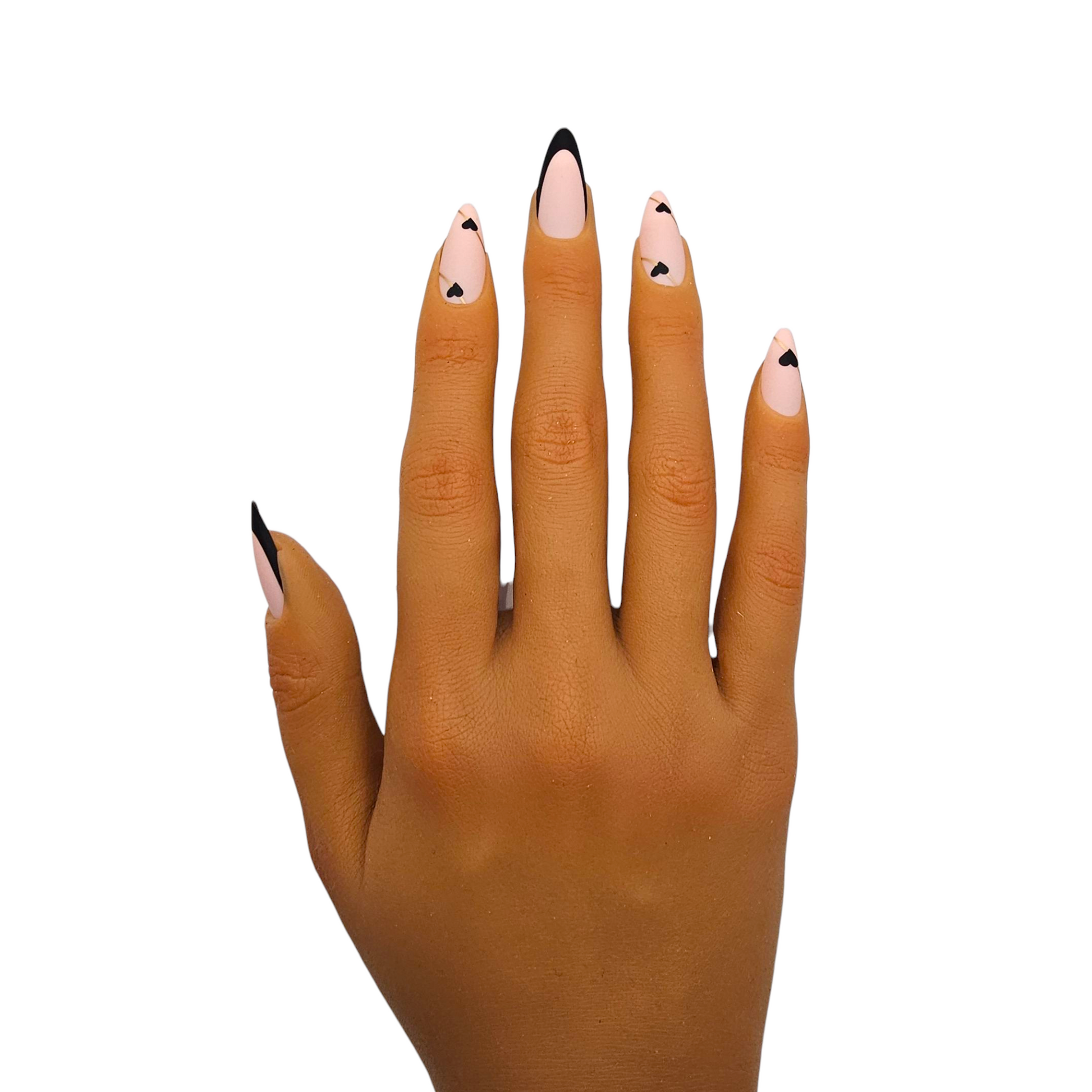 Kiss & Tell black & nude almond press-on nails with hearts – Rodeo & Wilshire Beauty