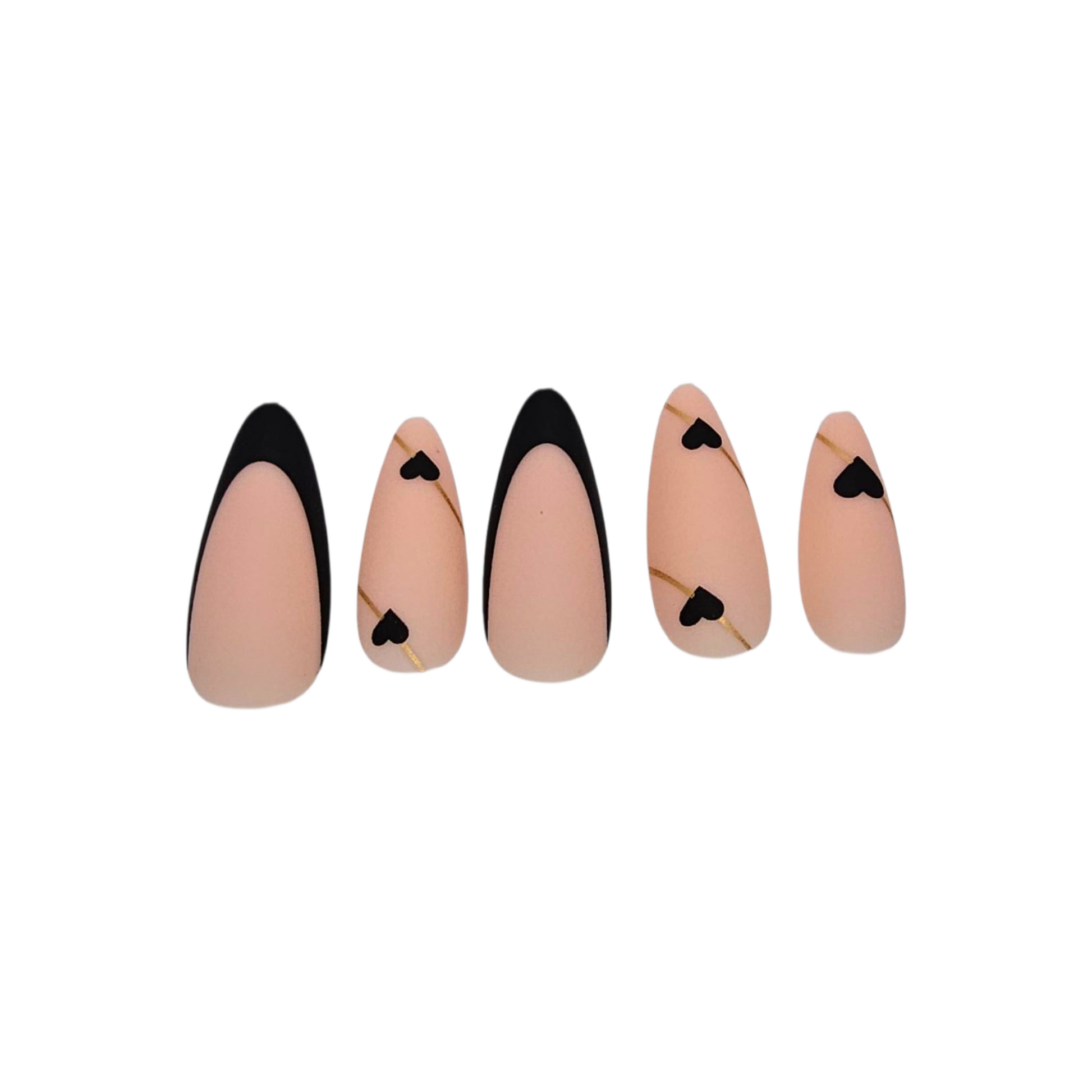 Close-up of Kiss & Tell press-ons – matte nude with black tips, gold lines, and tiny hearts – Rodeo & Wilshire Beauty