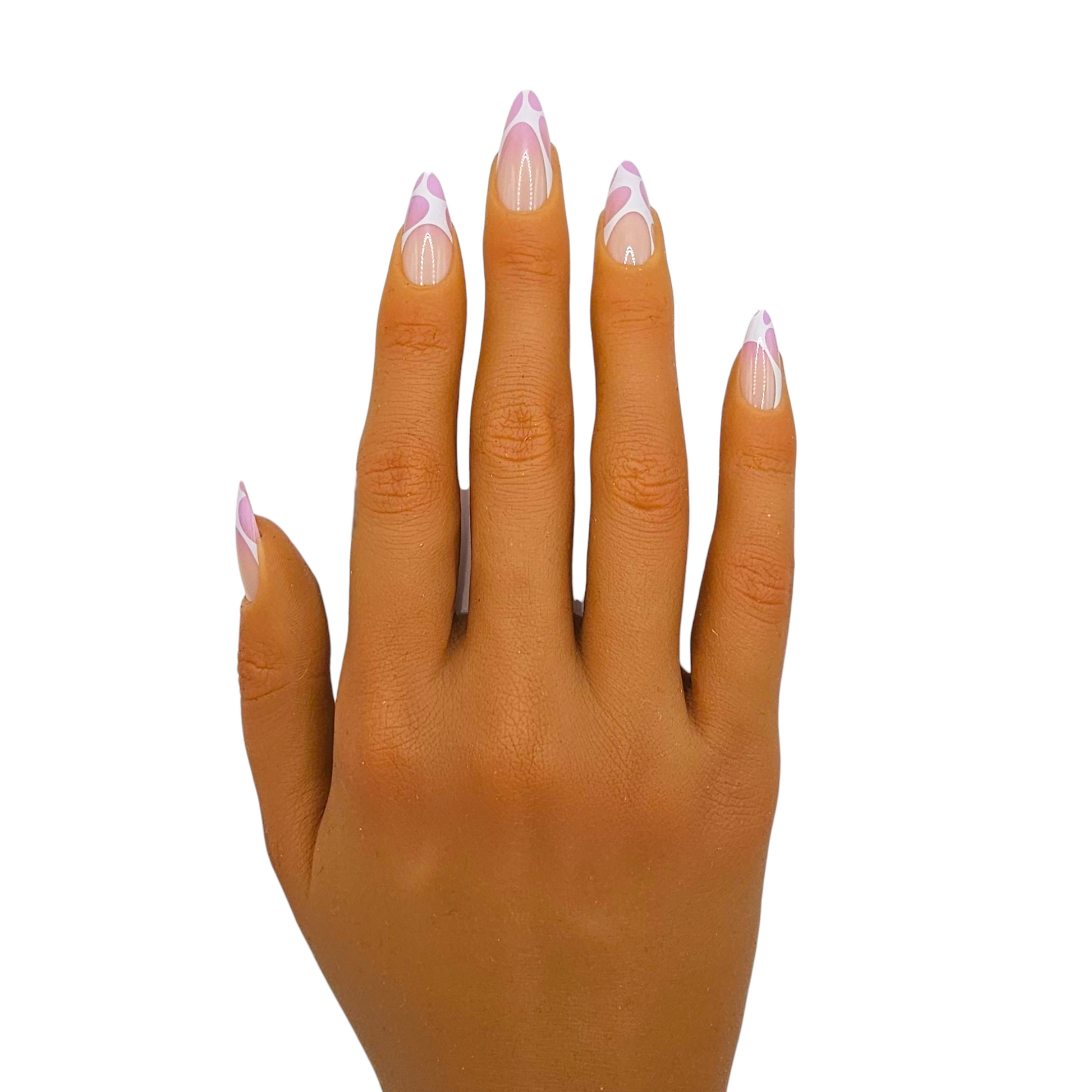 Matisse Muse press-on nails front view — pink abstract swirl almond nails inspired by Matisse cut-outs.