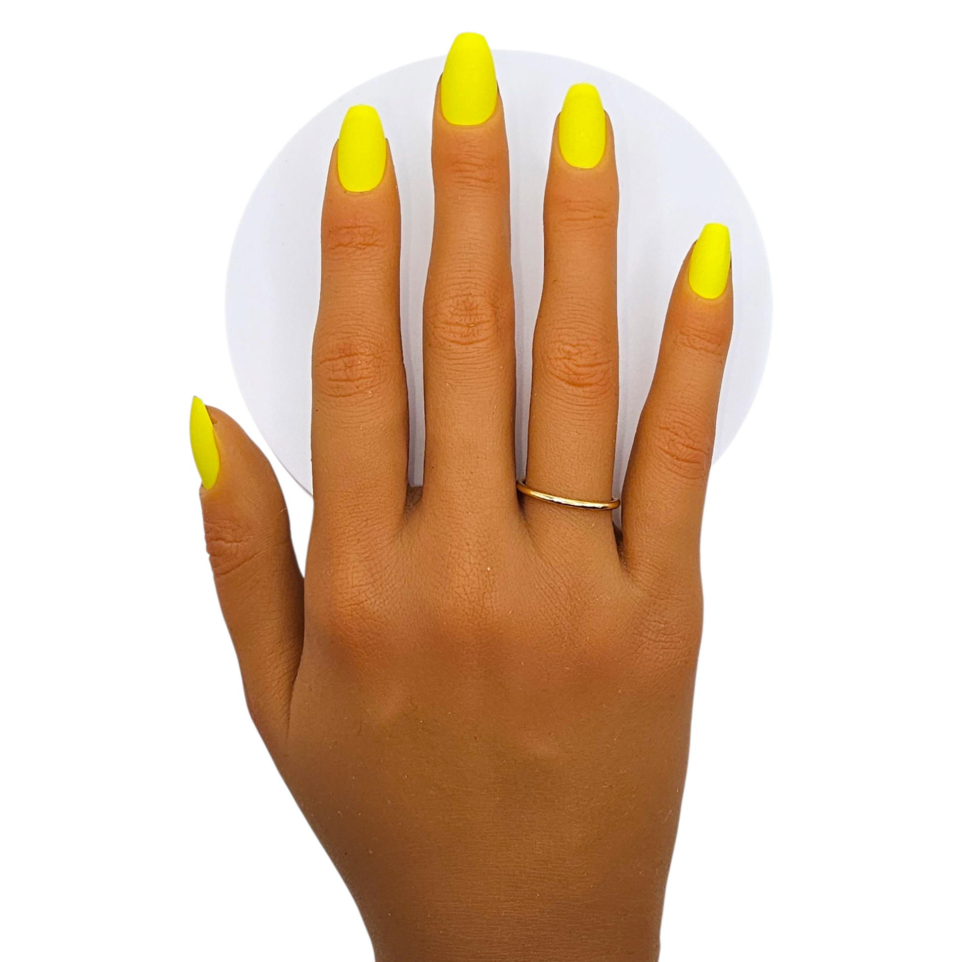 Miami Nights press-on nails front view — short coffin, neon yellow luxury nails.