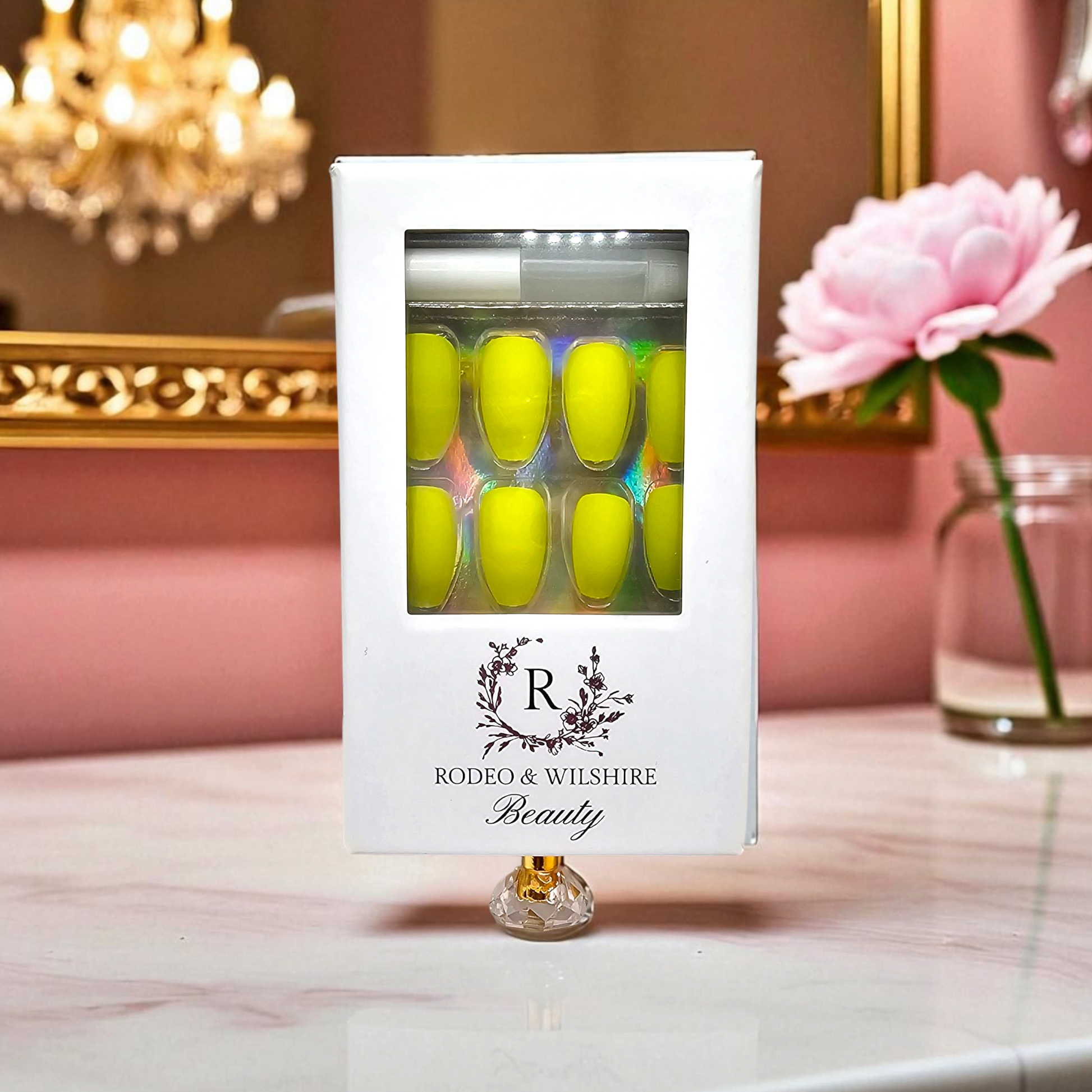 Miami Nights press-on nails styled — luxury neon nails for party and vacation dopamine beauty.