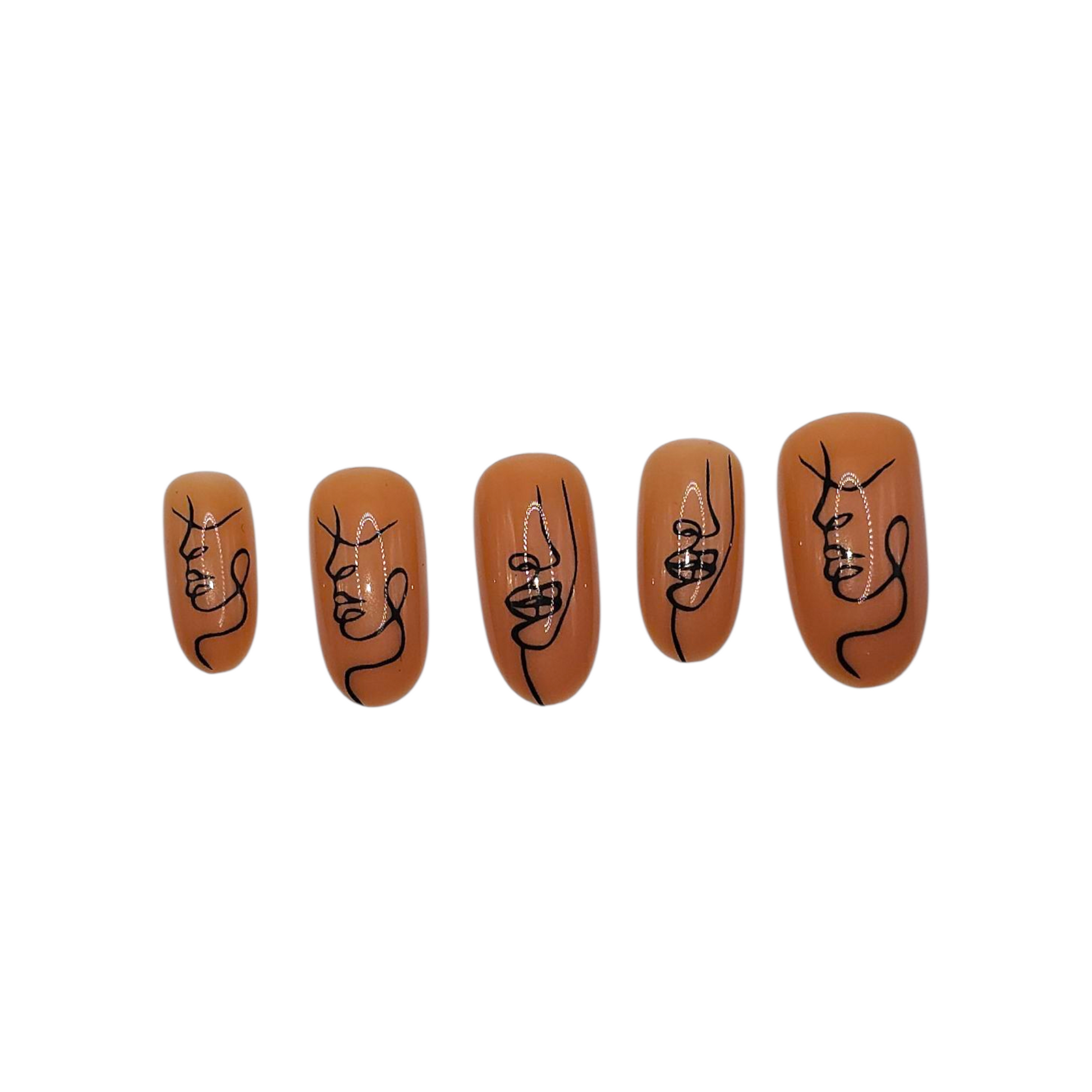 Side view of Picasso Baby press-on nails — luxury almond nails with Picasso-inspired line art.