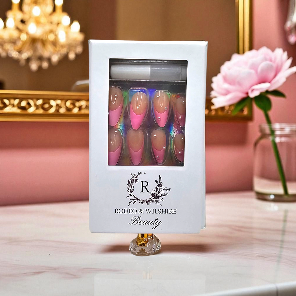 Reusable Pilates Princess almond press-on nails – soft girl pink & pearl design – Rodeo & Wilshire Beauty