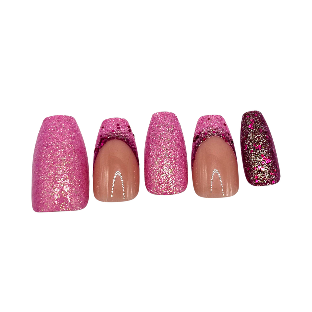Side view of Pink Soirée press-on nails — luxury short coffin pink sparkle nails.