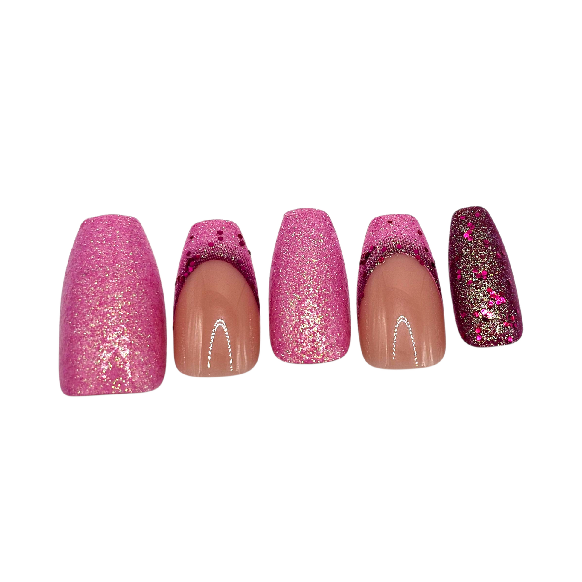 Side view of Pink Soirée press-on nails — luxury short coffin pink sparkle nails.