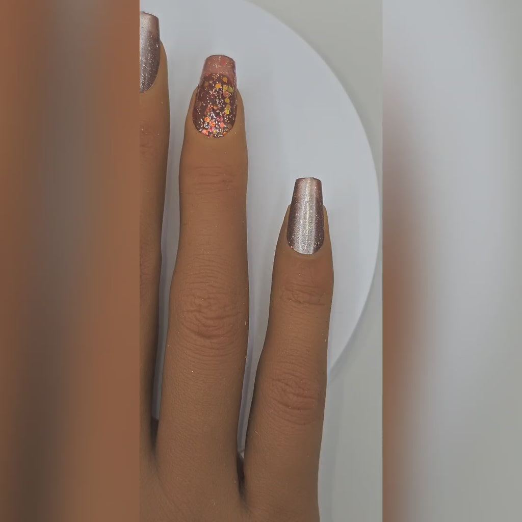 Application video showing Caviar Nights bronze sparkle press-on nails – elegant black-tie styling – Rodeo & Wilshire Beauty