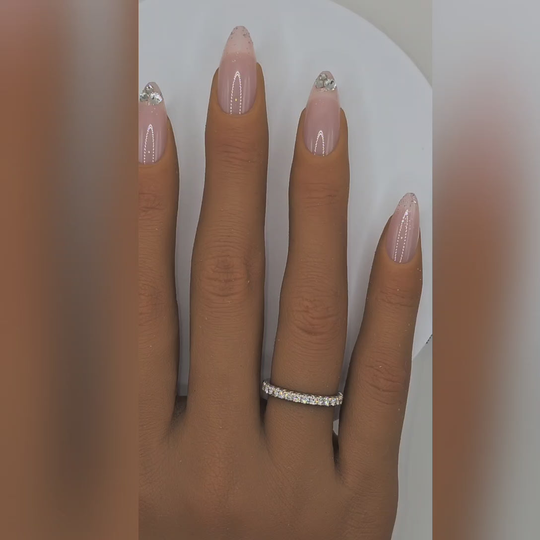 Application video showing Quiet Luxury sheer pink crystal press-on nails – Everyday Elegance styling – Rodeo & Wilshire Beauty