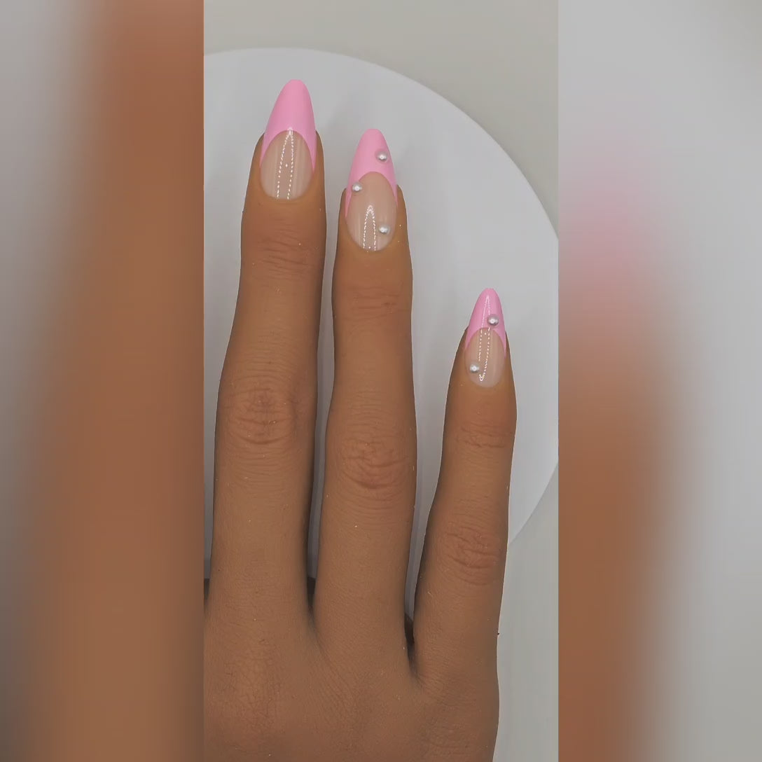 Application video showing Pilates Princess pink & pearl almond press-on nails – Soft Girl Era styling – Rodeo & Wilshire Beauty