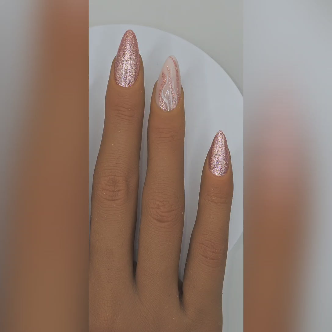 Application video showing Ladies That Lunch rose gold swirl almond press-on nails – Soft Girl Era styling – Rodeo & Wilshire Beauty