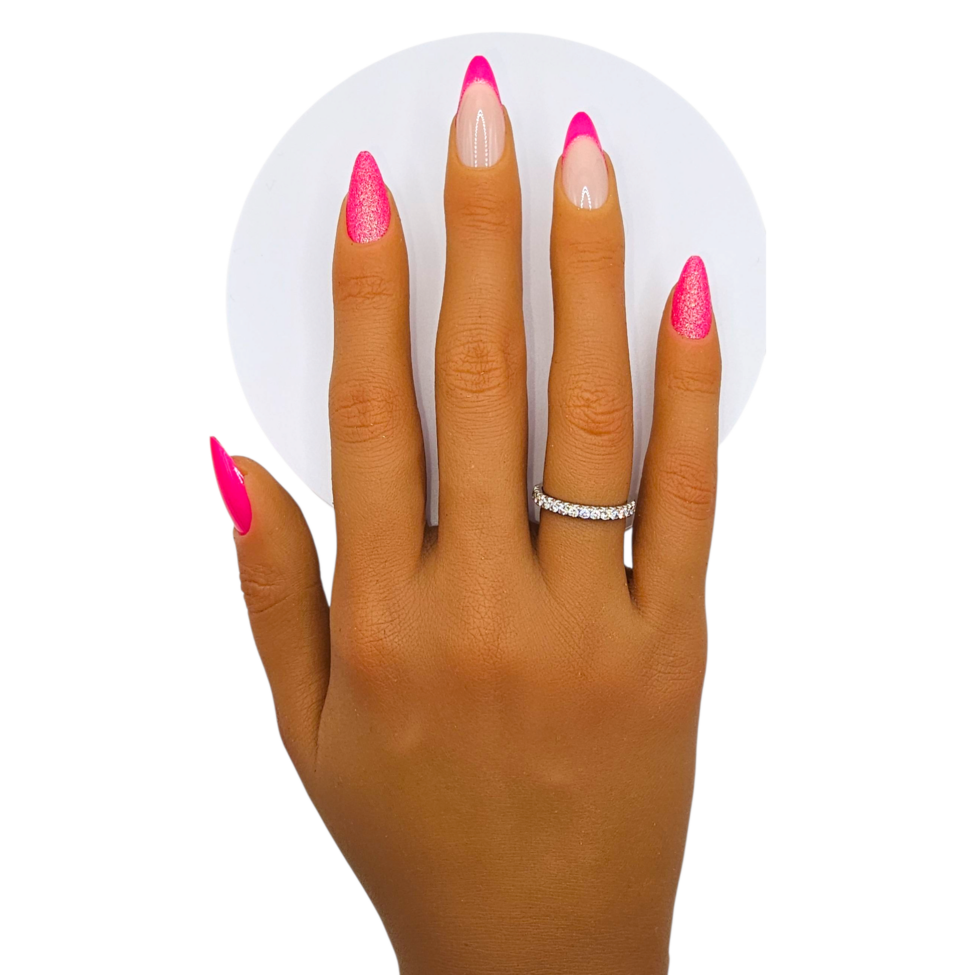 Rio Carnival press-on nails front view — neon hot pink stiletto nails with glitter accent