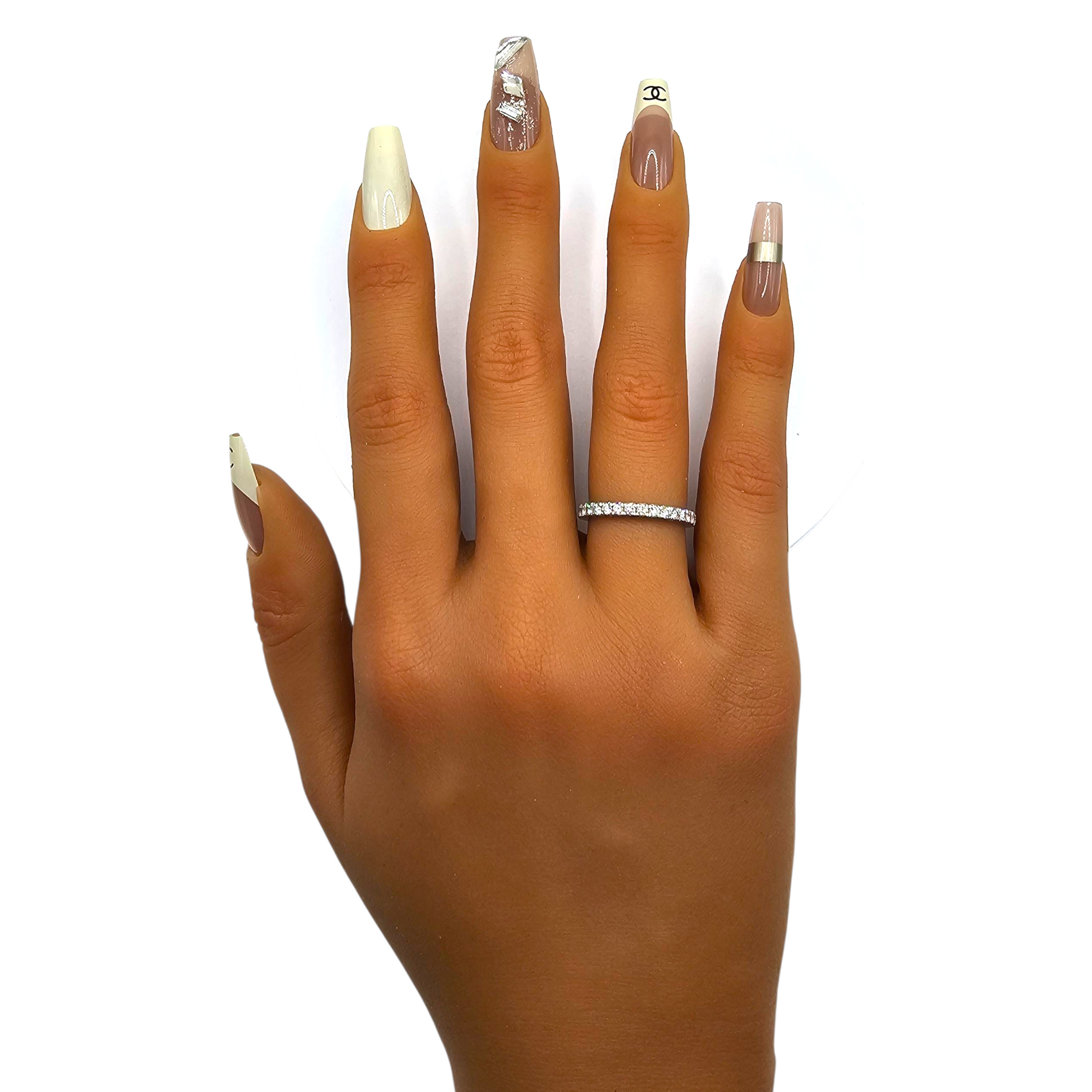 Runway Rendezvous press-on nails front view — ivory neutral square shape with silver foil & logo accent.