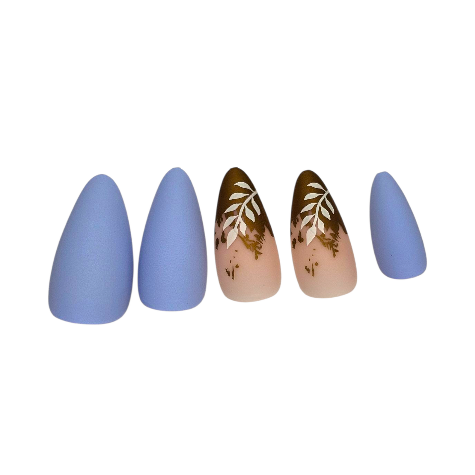 Side view of Seychelles Serenity press-on nails — luxury matte periwinkle almond nails.