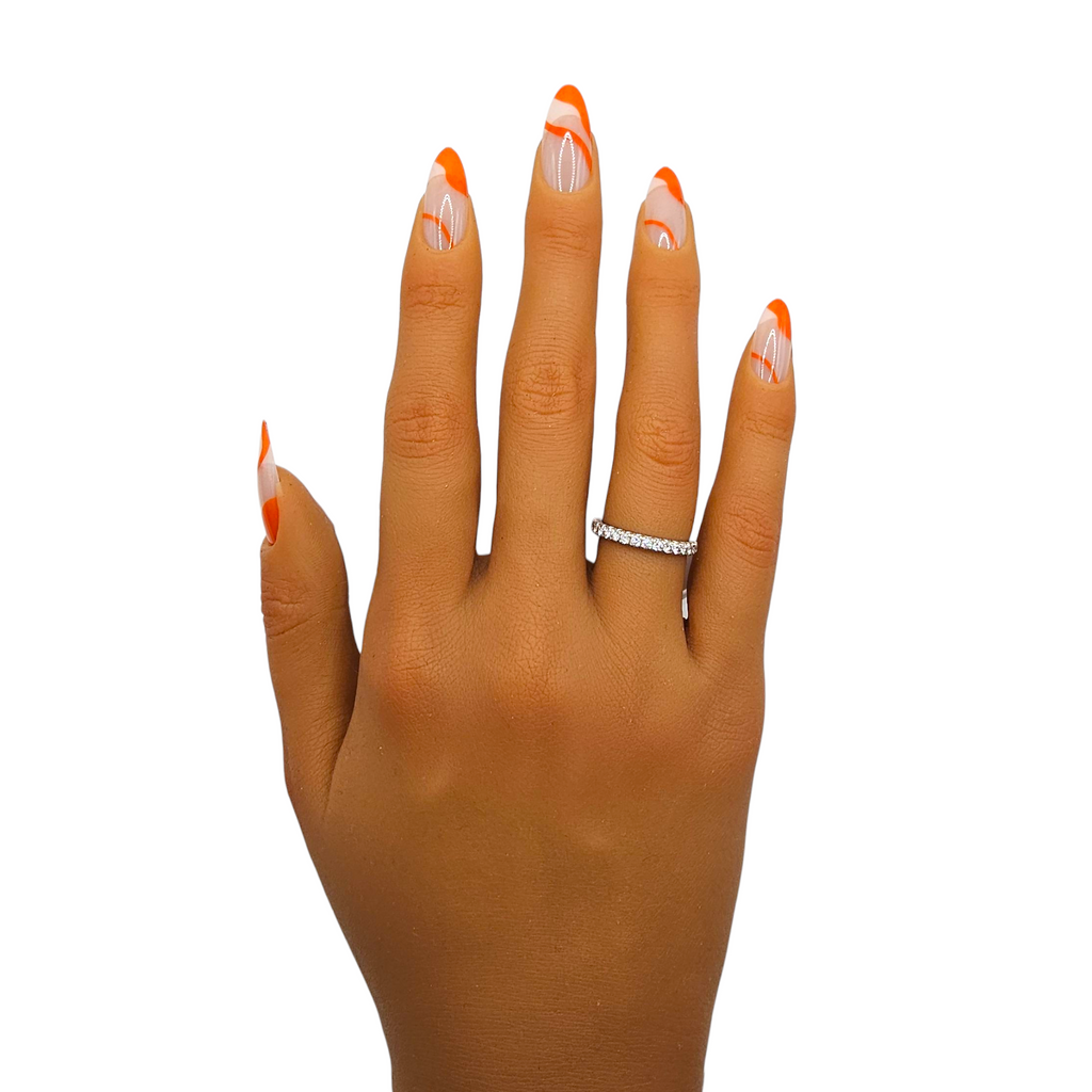 Warhol Wave press-on nails front view — orange abstract swirl almond nails inspired by pop art