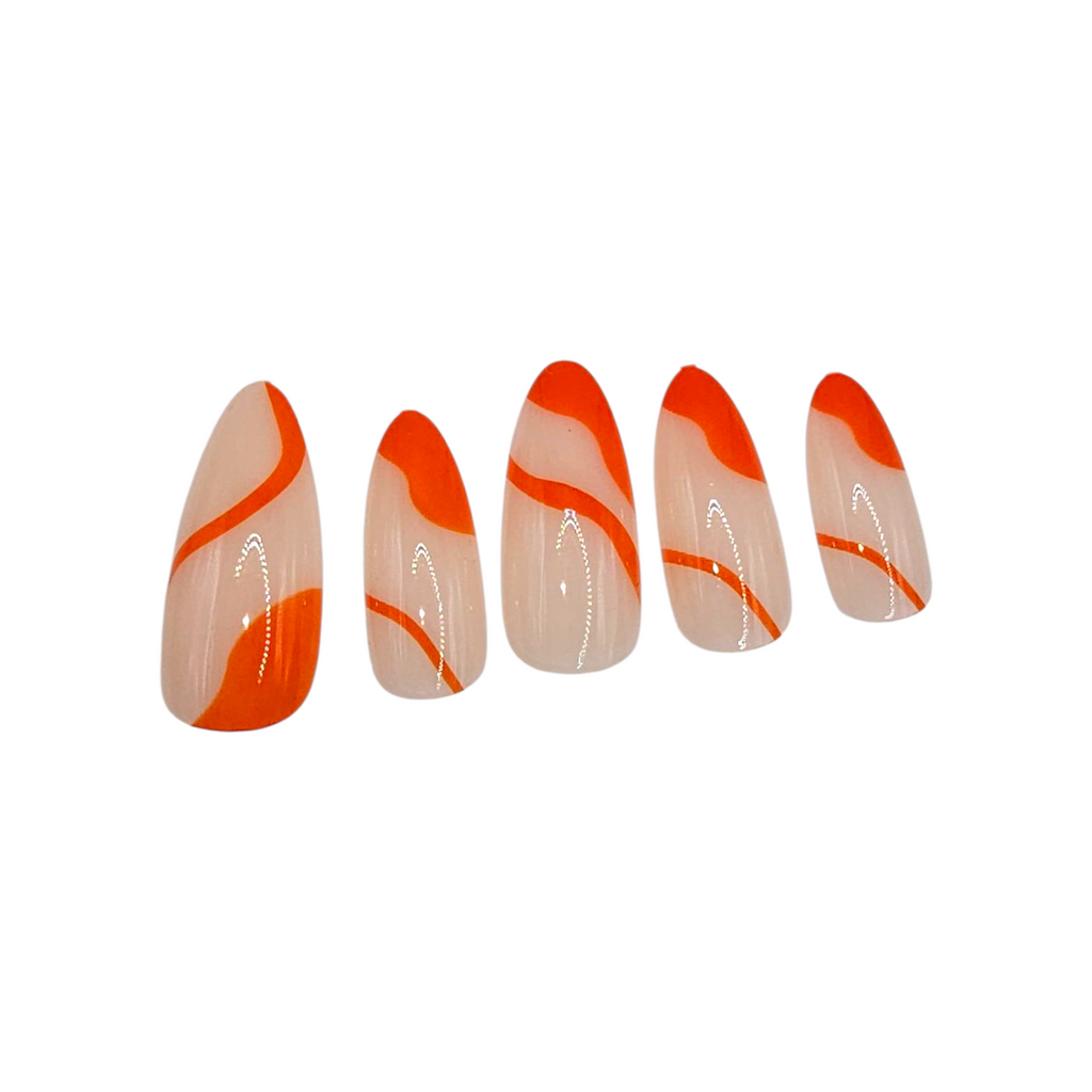 Side view of Warhol Wave press-on nails — luxury almond nails with bold orange swirl nail art
