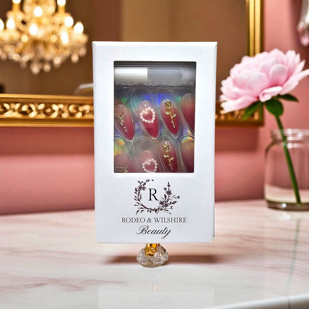 Reusable XOXO almond press-on nails – LOVE charms and pearl accents – Rodeo & Wilshire Beauty